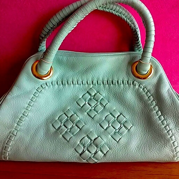 Boho-chic Tiffany blue crossbody leather satchel - Picture 4 of 4